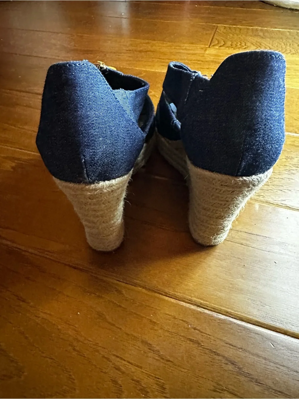 Denim Blue Strappy Zip Front Wedge Sandals - Women Size 7